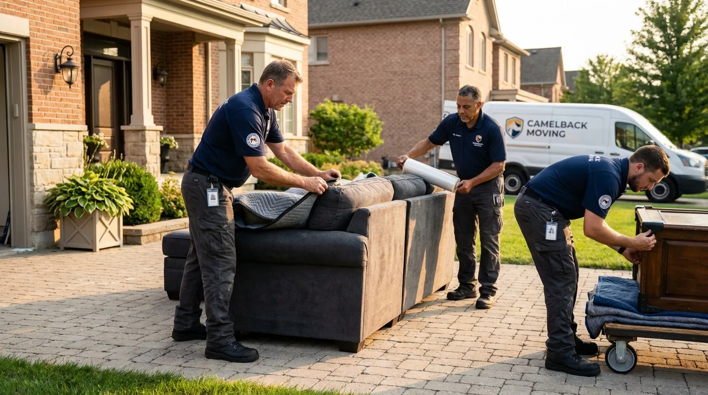 Large estate moving crew wrapping furniture in West Paris, ME