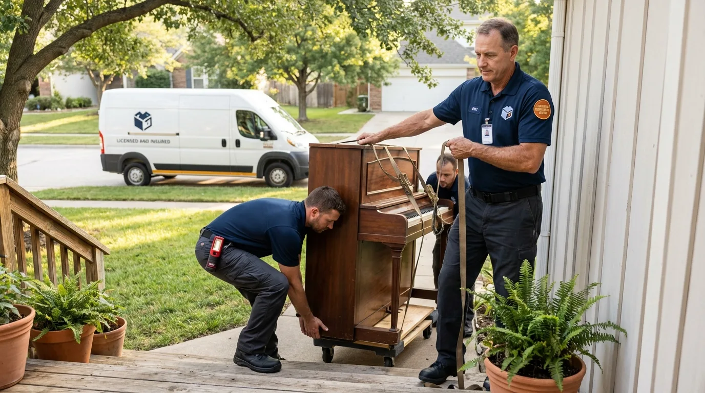 Licensed piano movers securing grand piano in West Paris, ME
