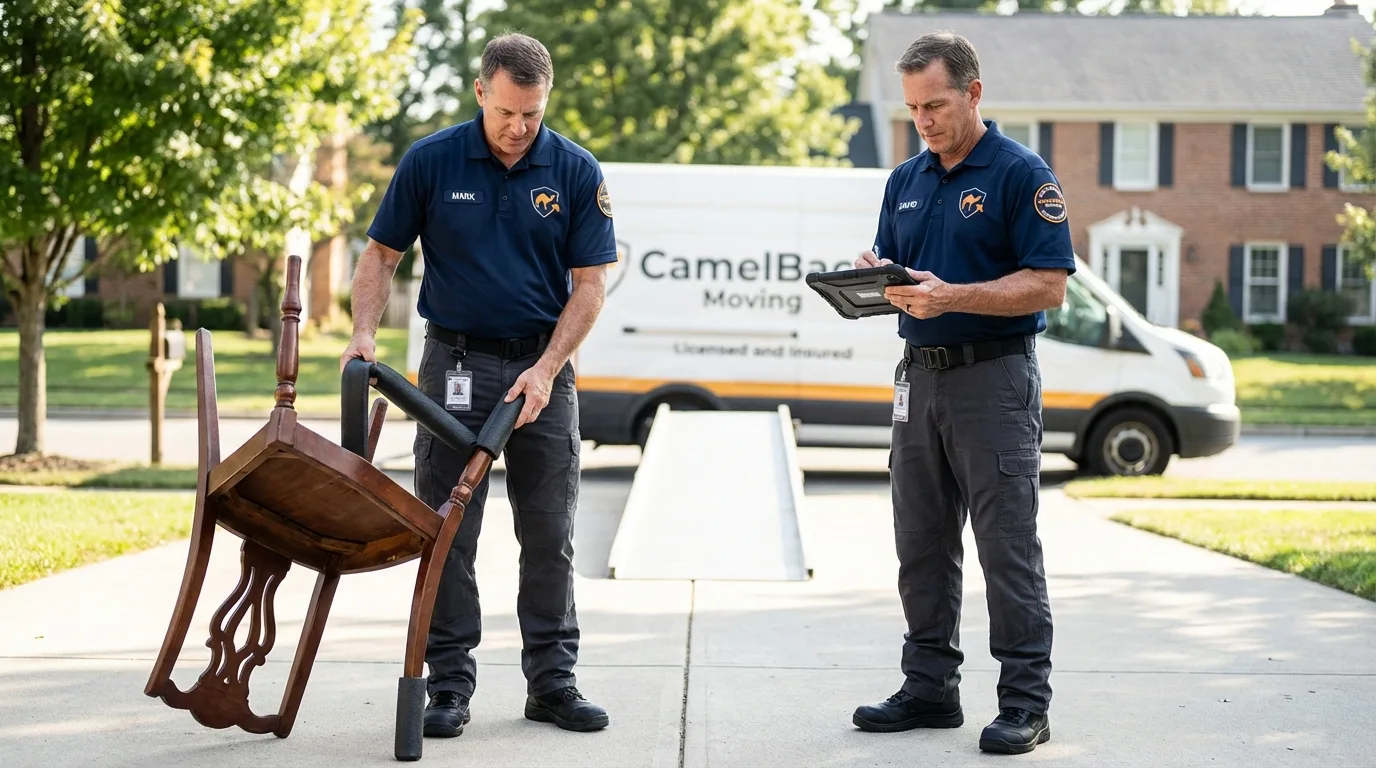 Movers inspecting furniture for damage prevention before loading in West Paris, ME