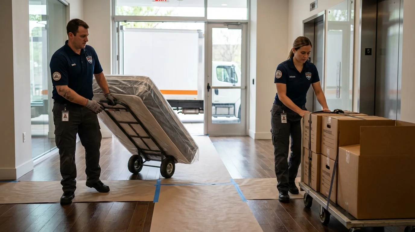 Professional apartment movers loading elevator in West Paris, ME