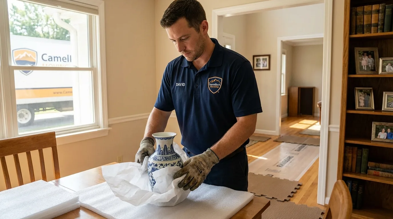 Professional crew carefully wrapping antique vase for senior downsizing move in West Paris, ME