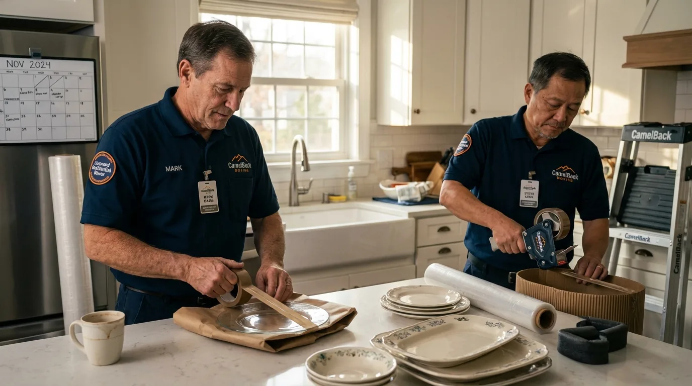 Professional crew packing kitchen dishware in West Paris, ME
